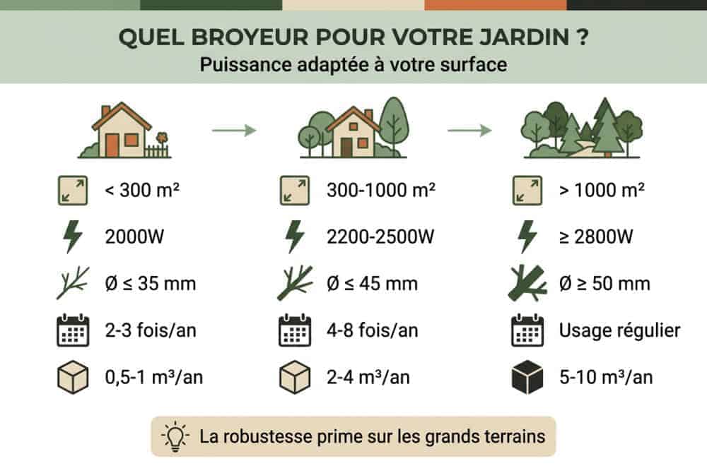 Puissance selon la surface du jardin et le volume de déchets verts